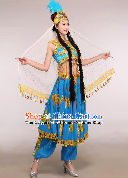 Chinese Traditional Uigurian Ethnic Costumes Uyghur Nationality Folk Dance Blue Dress for Women
