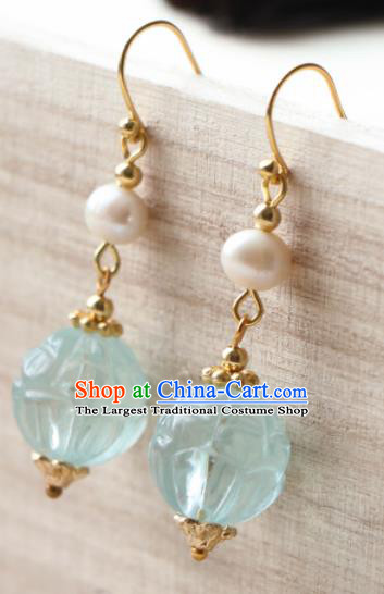 Traditional Chinese Earrings Ancient Handmade Palace Lady Blue Bead Ear Accessories for Women
