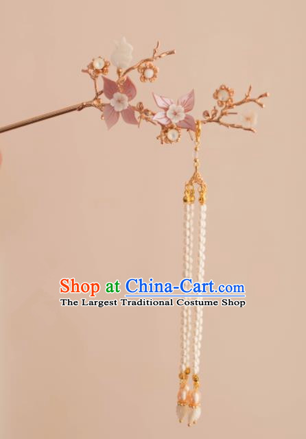Chinese Traditional Handmade Pink Flowers Hair Clip Hair Accessories Ancient Tassel Hairpins for Women