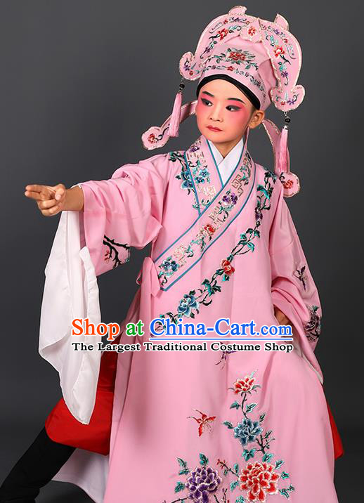 Chinese Traditional Peking Opera Niche Costume Ancient Scholar Pink Robe and Hat for Kids