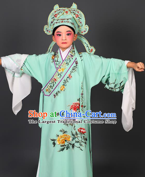 Chinese Traditional Peking Opera Niche Costume Ancient Scholar Green Robe and Hat for Kids