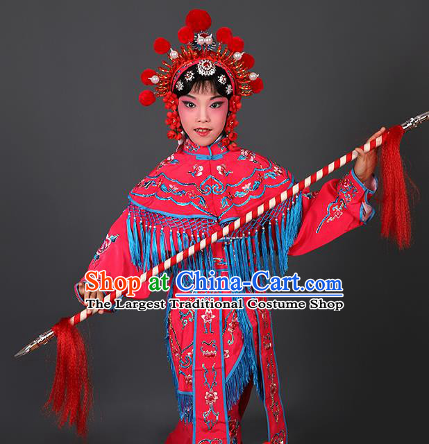 Chinese Traditional Peking Opera Blues Costumes Ancient Female Warriors Rosy Clothing for Kids