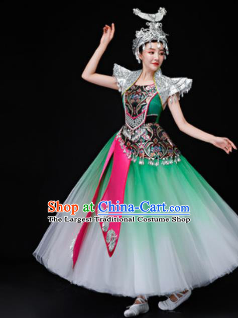 Chinese Traditional Miao Nationality Folk Dance Costumes Hmong Dance Green Dress for Women