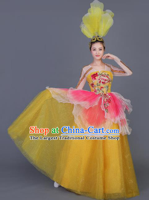 Professional Opening Dance Costume Stage Performance Flowers Yellow Dress for Women