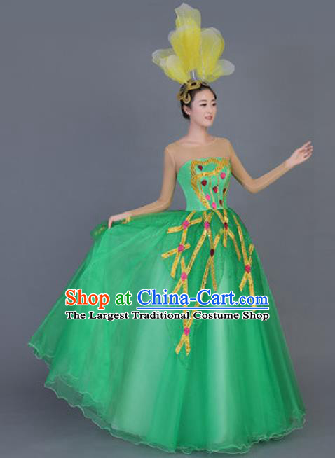 Professional Opening Dance Costume Stage Performance Flowers Green Dress for Women
