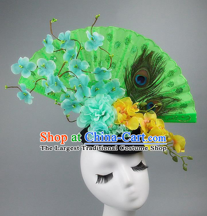 Handmade Halloween Cosplay Hair Accessories Chinese Stage Performance Green Flowers Hair Clasp Headwear for Women