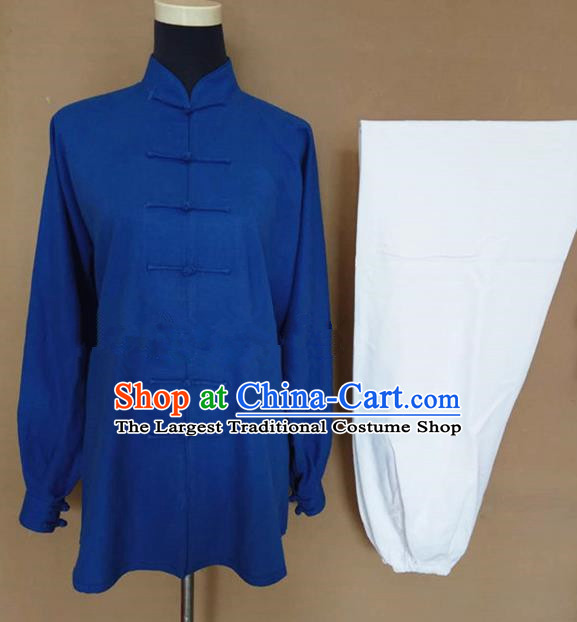 Chinese Traditional Martial Arts Linen Costumes Tai Chi Tai Ji Training Blue Shirt and White Pants for Adults