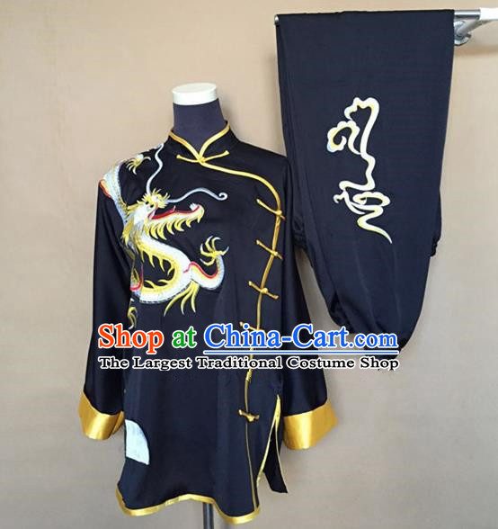 Chinese Traditional Martial Arts Black Costumes Tai Chi Kung Fu Training Embroidered Dragon Clothing for Adults