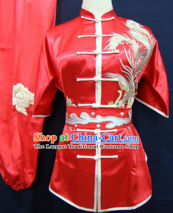 Chinese Traditional Kung Fu Embroidered Phoenix Red Silk Costumes Martial Arts Tai Chi Training Clothing for Women