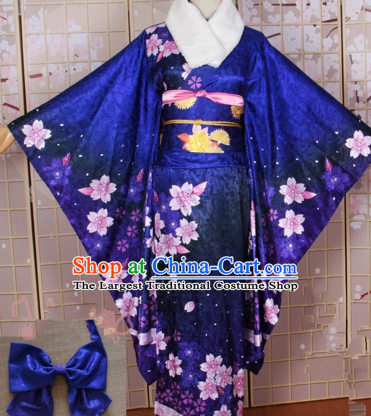 Asian Japanese Traditional Cosplay Costumes Ancient Yokime Blue Furisode Kimono Yukata Clothing for Women