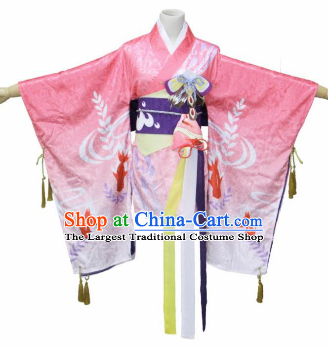 Asian Traditional Kimono Cosplay Costumes Japanese Ancient Geisha Pink Furisode Yukata Clothing for Women