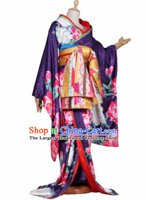 Asian Traditional Purple Furisode Kimono Cosplay Costumes Japanese Ancient Geisha Yukata Clothing for Women