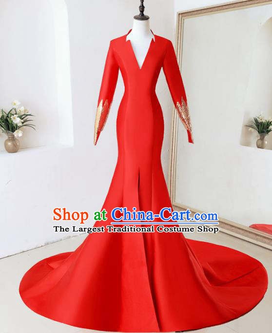 Top Performance Catwalks Costumes Wedding Red Trailing Full Dress for Women