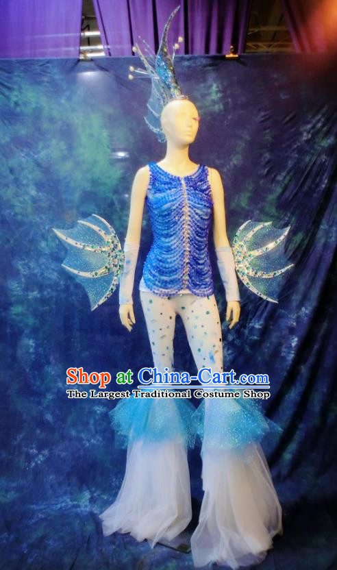 Top Grade Halloween Stage Performance Blue Costumes Sea World Cosplay Clothing and Headdress for Women