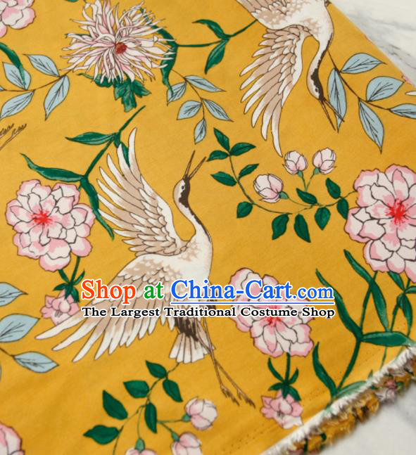 Asian Japanese Traditional Kimono Yellow Brocade Fabric Silk Material Classical Cranes Pattern Design Drapery