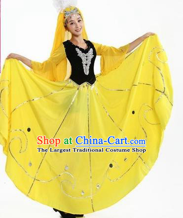 Chinese Traditional Uyghur Nationality Dance Costumes Uigurian Folk Dance Yellow Dress for Women