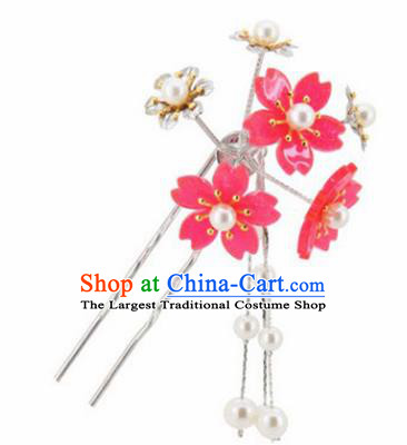 Japanese Traditional Kimono Hair Accessories Ancient Yukata Peach Pink Cherry Blossom Tassel Hairpins for Women
