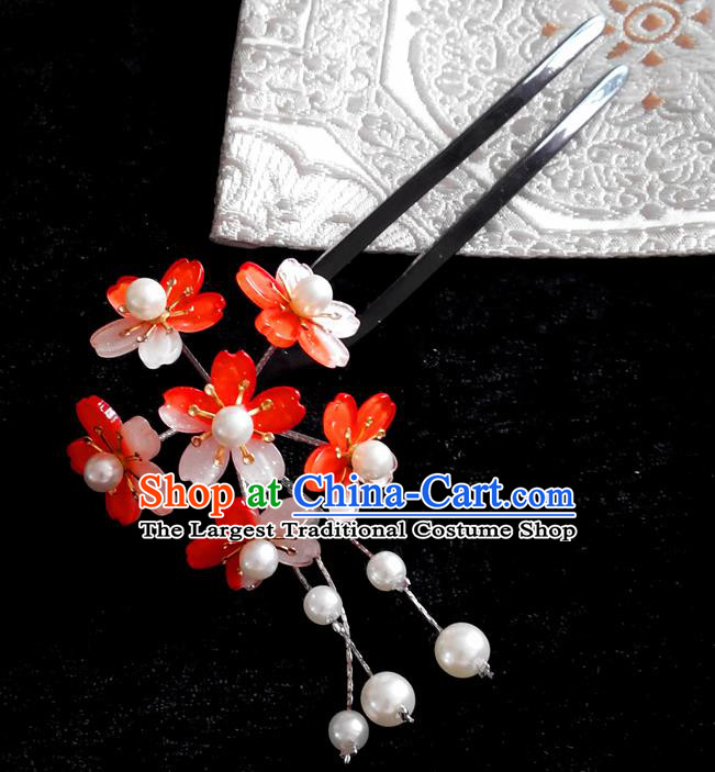 Japanese Traditional Courtesan Hair Accessories Red Hair Clip Ancient Kimono Yukata Tassel Hairpins for Women