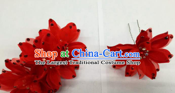 Chinese Traditional Beijing Opera Red Flowers Hairpins Ancient Peri Hair Accessories for Women