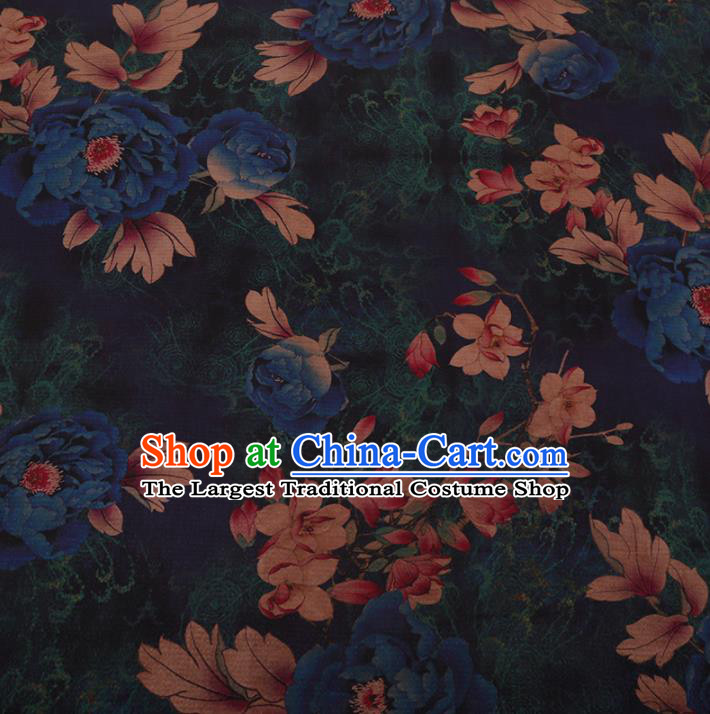 Chinese Traditional Cheongsam Navy Crepe Satin Plain Palace Peony Pattern Silk Fabric Chinese Fabric Asian Material
