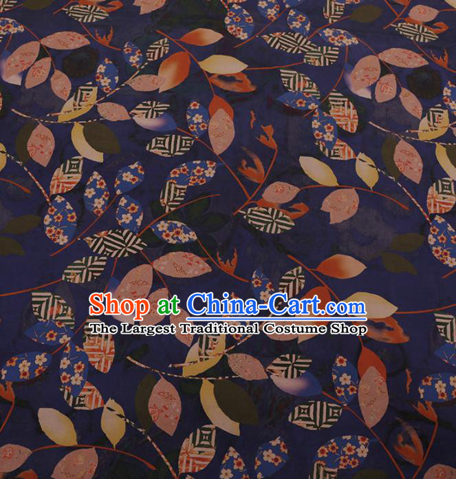 Chinese Traditional Cheongsam Palace Leaf Pattern Blue Crepe Satin Plain Gambiered Guangdong Gauze Silk Fabric