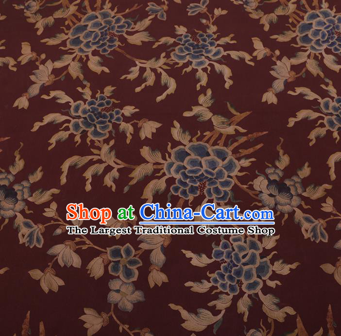 Chinese Traditional Cheongsam Silk Fabric Palace Peony Pattern Dark Red Satin Plain Gambiered Guangdong Gauze