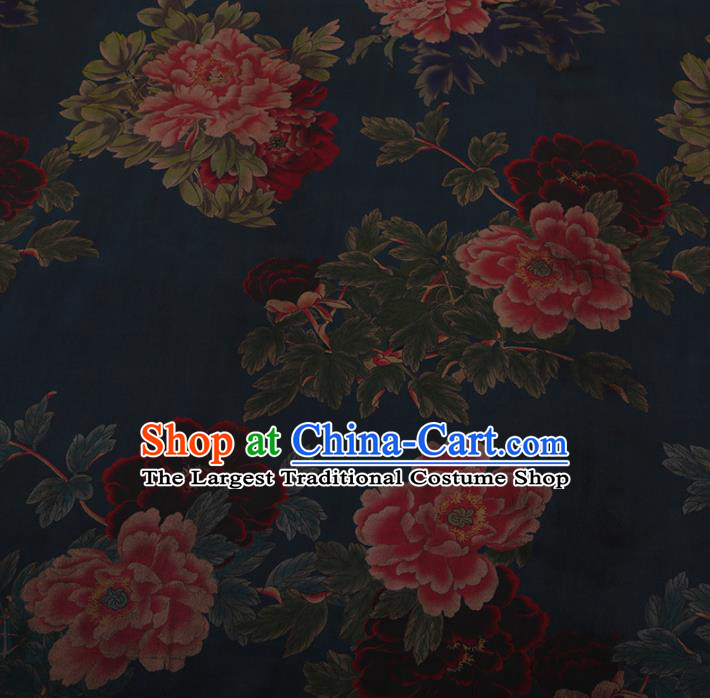 Chinese Traditional Cheongsam Navy Blue Silk Fabric Palace Peony Pattern Jacquard Satin Plain Gambiered Guangdong Gauze