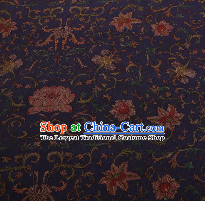 Chinese Traditional Cheongsam Navy Silk Fabric Palace Lotus Pattern Jacquard Satin Plain Gambiered Guangdong Gauze