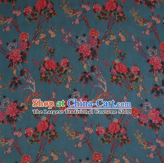 Chinese Traditional Drapery Blue Silk Fabric Palace Peony Pattern Cheongsam Satin Plain Gambiered Guangdong Gauze