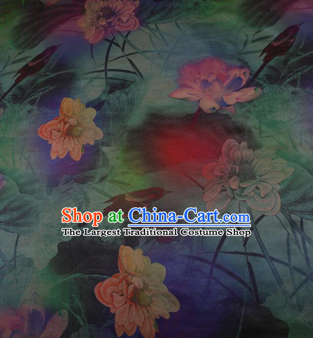 Chinese Traditional Drapery Blue Silk Fabric Palace Lotus Pattern Cheongsam Satin Plain Gambiered Guangdong Gauze