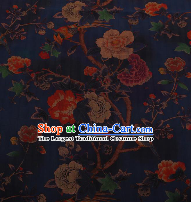 Chinese Traditional Cheongsam Drapery Navy Silk Fabric Palace Peony Pattern Satin Plain Gambiered Guangdong Gauze