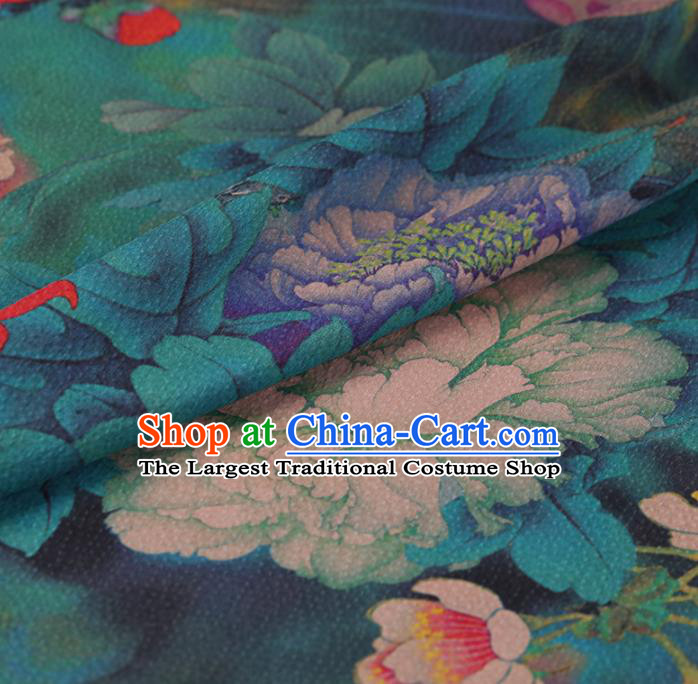 Chinese Traditional Cheongsam Drapery Green Silk Fabric Palace Lotus Peony Pattern Satin Plain Gambiered Guangdong Gauze