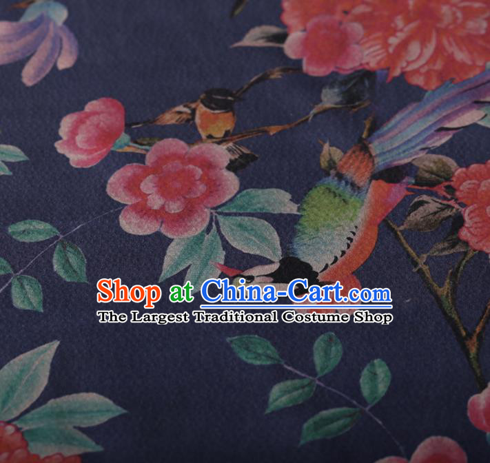 Chinese Traditional Silk Fabric Classical Azalea Pattern Blue Satin Plain Cheongsam Drapery Gambiered Guangdong Gauze
