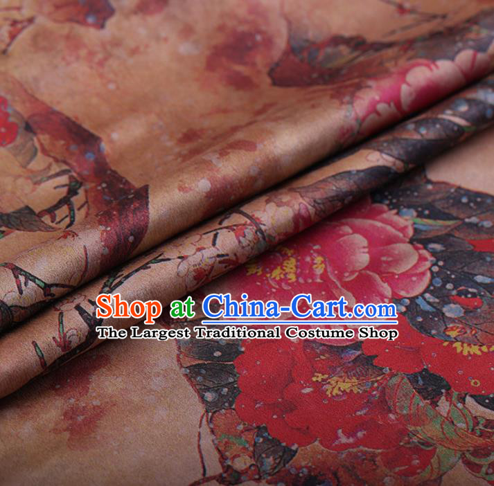 Chinese Traditional Silk Fabric Classical Peony Pattern Khaki Satin Plain Cheongsam Drapery Gambiered Guangdong Gauze