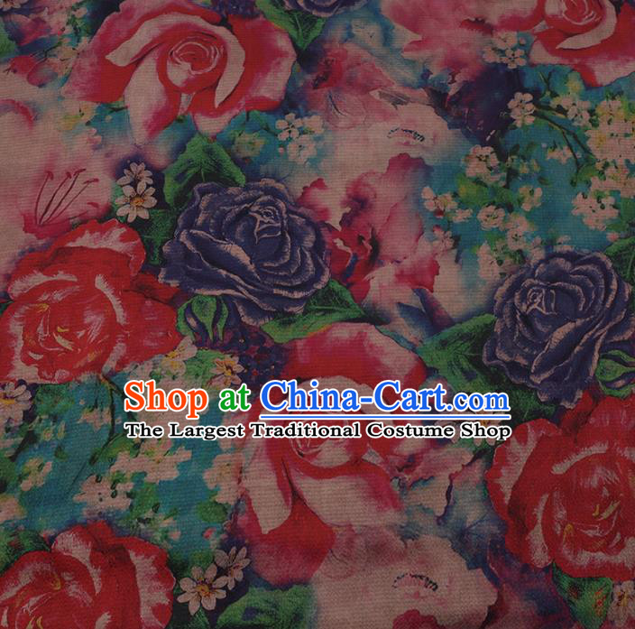 Chinese Traditional Silk Fabric Classical Roses Pattern Satin Plain Cheongsam Drapery Gambiered Guangdong Gauze