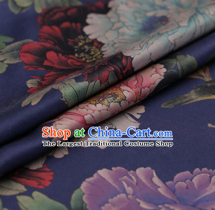Traditional Chinese Blue Brocade Gambiered Guangdong Gauze Classical Peony Pattern Satin Plain Cheongsam Silk Drapery