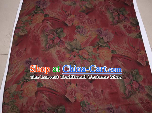 Traditional Chinese Rosy Gambiered Guangdong Gauze Satin Plain Classical Roses Pattern Cheongsam Silk Drapery