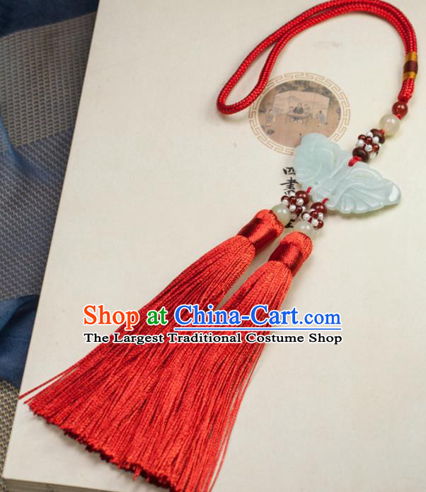 Chinese Traditional Jewelry Accessories Ancient Hanfu Red Tassel Butterfly Jade Pendant for Women