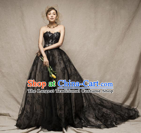 Top Performance Catwalks Costumes Wedding Dress Black Lace Full Dress for Women