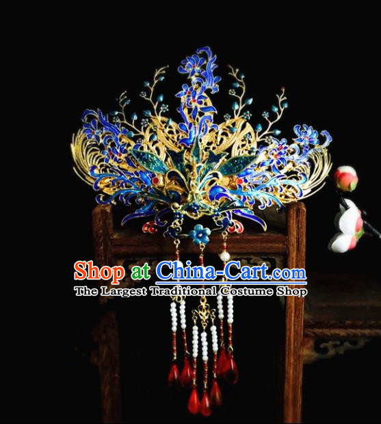 Chinese Classical Hairpins Wedding Hair Accessories Traditional Ancient Hanfu Blueing Phoenix Coronet for Women