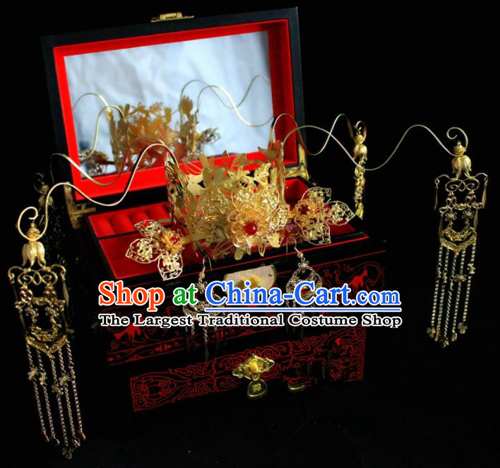 Chinese Classical Golden Hairpins Wedding Phoenix Coronet Hair Accessories Traditional Ancient Hair Clip for Women