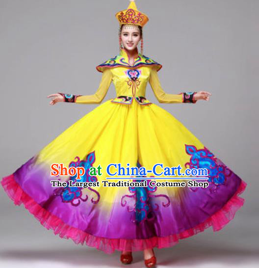 Chinese Traditional Ethnic Costumes Mongolian Minority Folk Dance Yellow Dress for Women