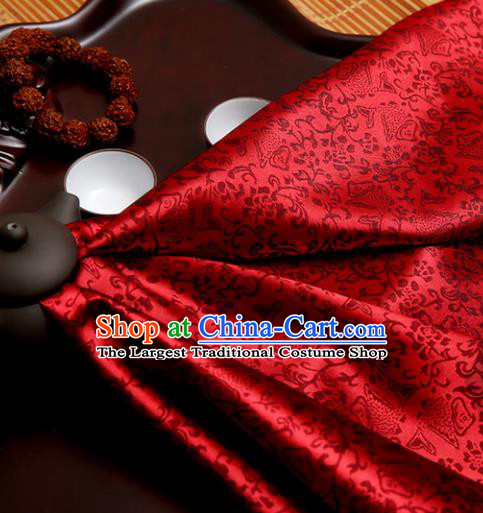 Chinese Traditional Brocade Classical Fishes Pattern Design Wine Red Silk Fabric Material Satin Drapery