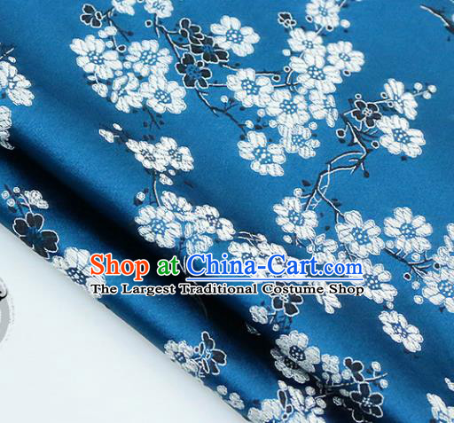 Chinese Traditional Blue Brocade Classical Plum Blossom Pattern Design Silk Fabric Material Satin Drapery