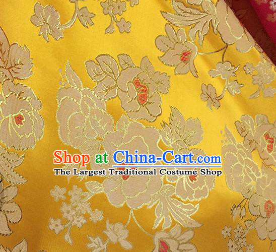 Chinese Traditional Yellow Brocade Classical Peony Pattern Design Silk Fabric Material Satin Drapery