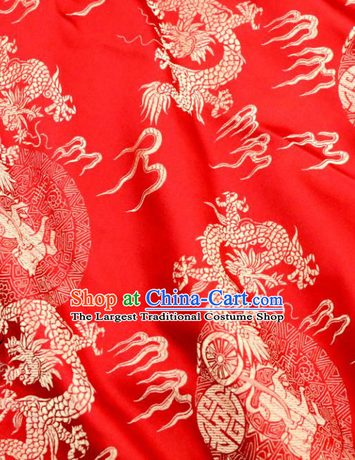 Chinese Traditional Red Brocade Classical Fire Dragons Pattern Design Silk Fabric Material Satin Drapery