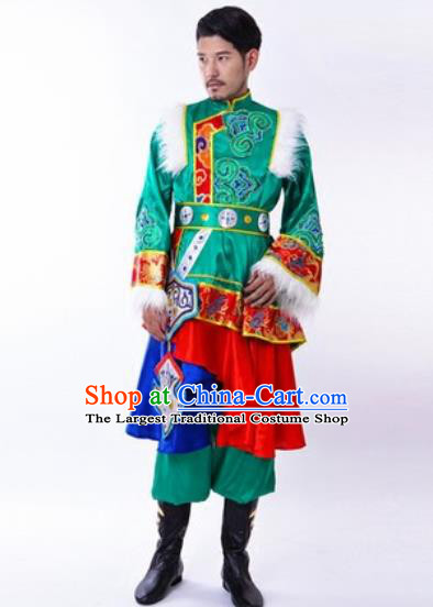 Chinese Traditional Folk Dance Green Costumes Tibetan Minority Dance Clothing for Men