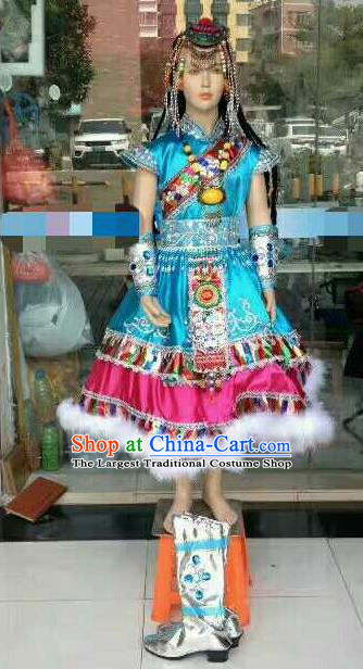 Chinese Traditional Zang Nationality Costumes Tibetan Folk Dance Ethnic Blue Dress for Kids