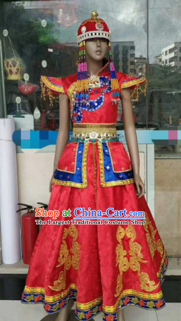 Chinese Traditional Mongol Nationality Red Costumes Mongolian Folk Dance Ethnic Dress for Women