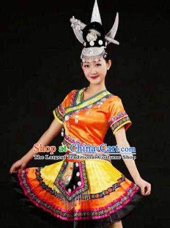 Chinese Traditional Miao Nationality Orange Costumes Hmong Folk Dance Ethnic Dress for Women